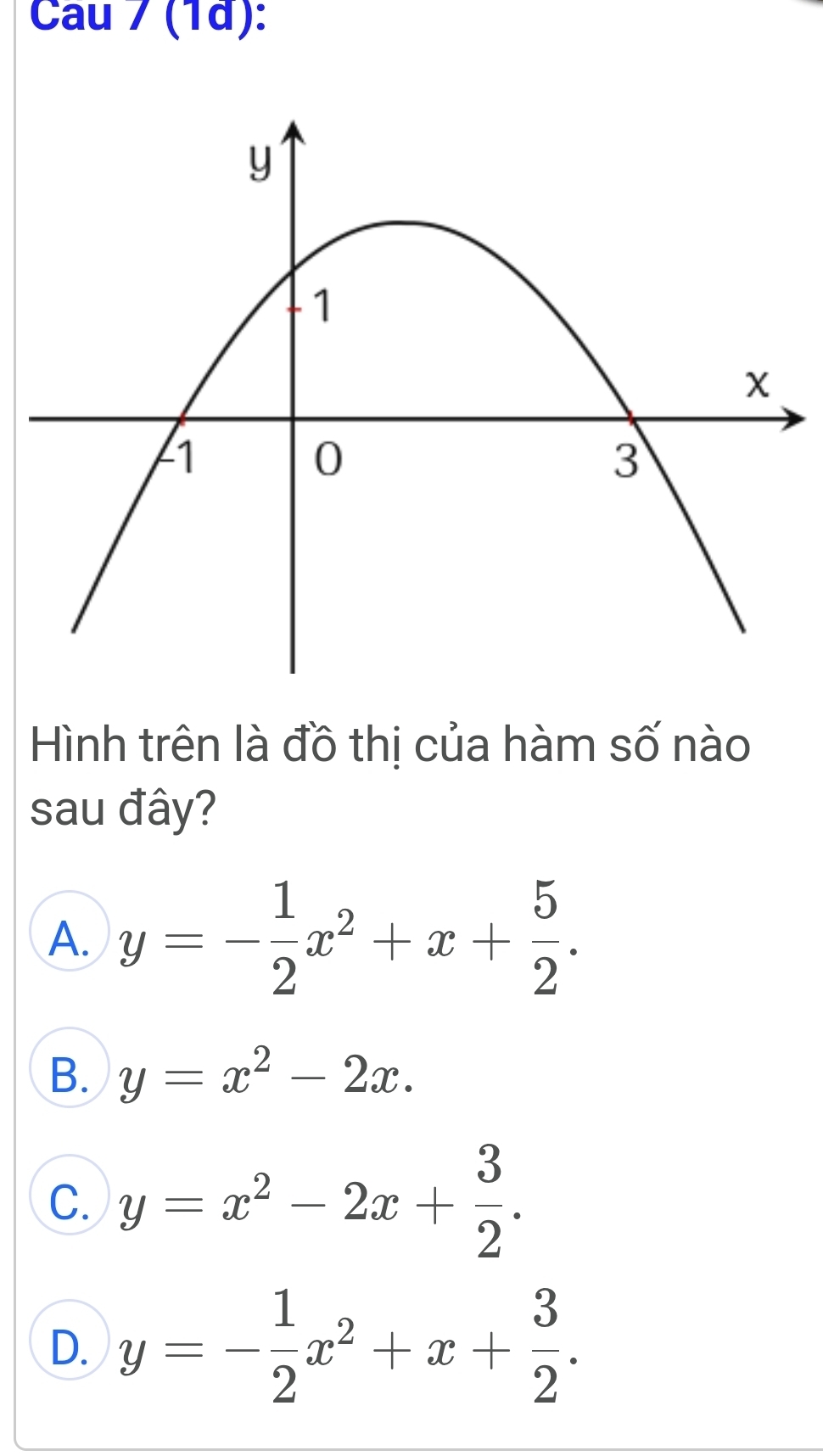 au / (1α):
Hình trên là đồ thị của hàm số nào
sau đây?
A. y=- 1/2 x^2+x+ 5/2 .
B. y=x^2-2x.
C. y=x^2-2x+ 3/2 .
D. y=- 1/2 x^2+x+ 3/2 .