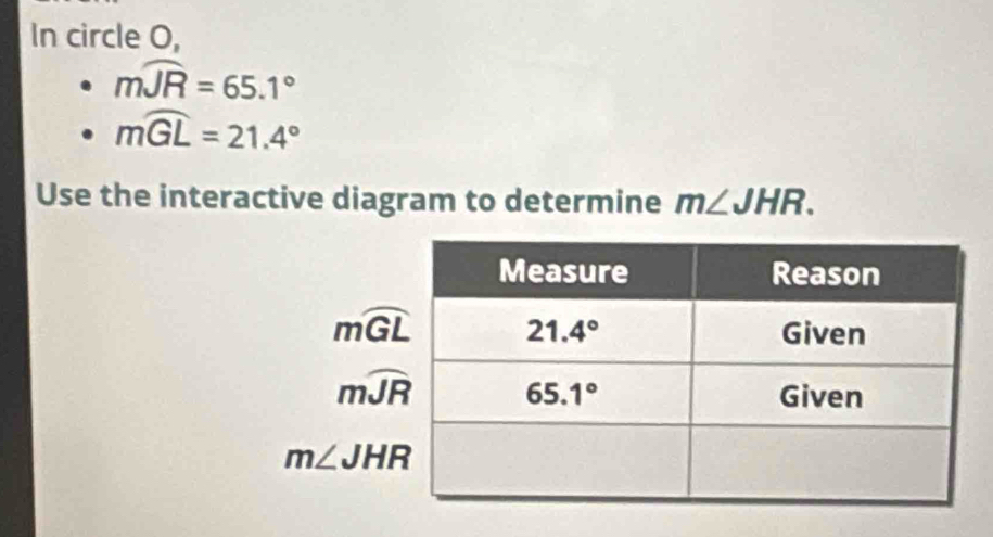 In circle 0,
mwidehat JR=65.1°
mwidehat GL=21.4°
Use the interactive diagram to determine m∠ JHR.
m∠ JHR