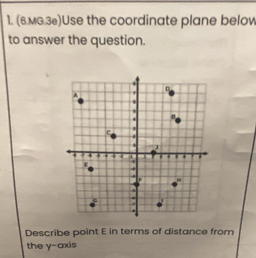 (6.MG.3e)Use the coordinate plane below 
to answer the question. 
Describe point E in terms of distance from 
the y-axis