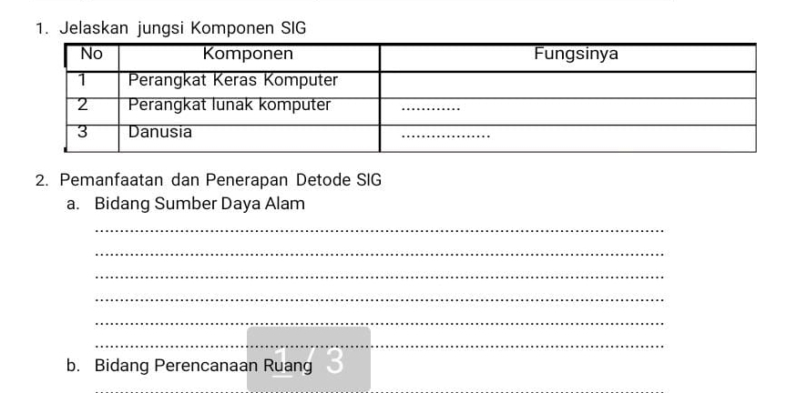 Jelaskan jungsi Komponen SIG 
2. Pemanfaatan dan Penerapan Detode SIG 
a. Bidang Sumber Daya Alam 
_ 
_ 
_ 
_ 
_ 
_ 
b. Bidang Perencanaan Ruang 
_