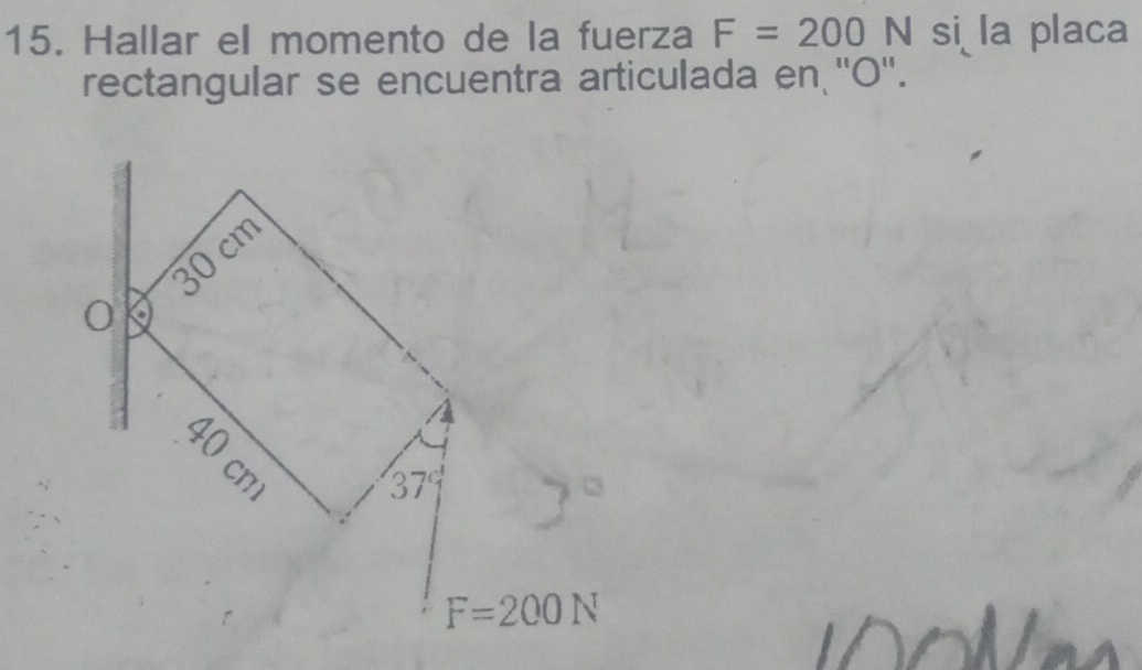 Hallar el momento de la fuerza F=200 N si la placa
rectangular se encuentra articulada en ''O''.