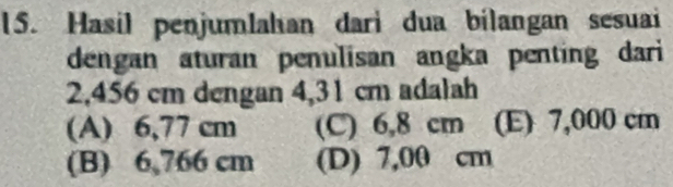 Hasil penjumlahan dari dua bilangan sesuai
dengan aturan penulisan angka penting dari
2,456 cm dengan 4,31 cm adalah
(A) 6,77 cm (C) 6,8 cm (E) 7,000 cm
(B) 6,766 cm (D) 7,00 cm