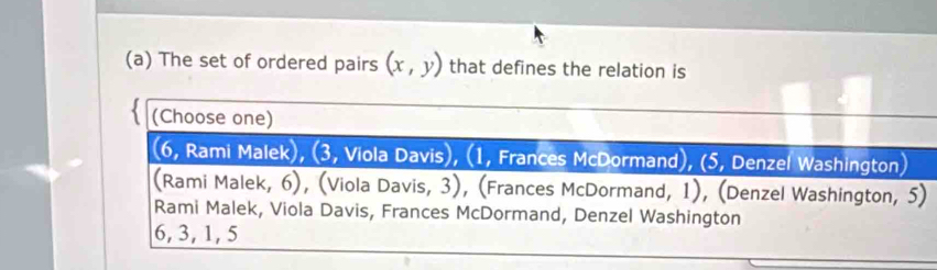 The set of ordered pairs (x,y) that defines the relation is