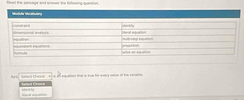 Read the passage and answer the following question.
Module Vocabutary
A(n) Select Choice is an equation that is true for every value of the variable.
Select Choice
identity
literal equation