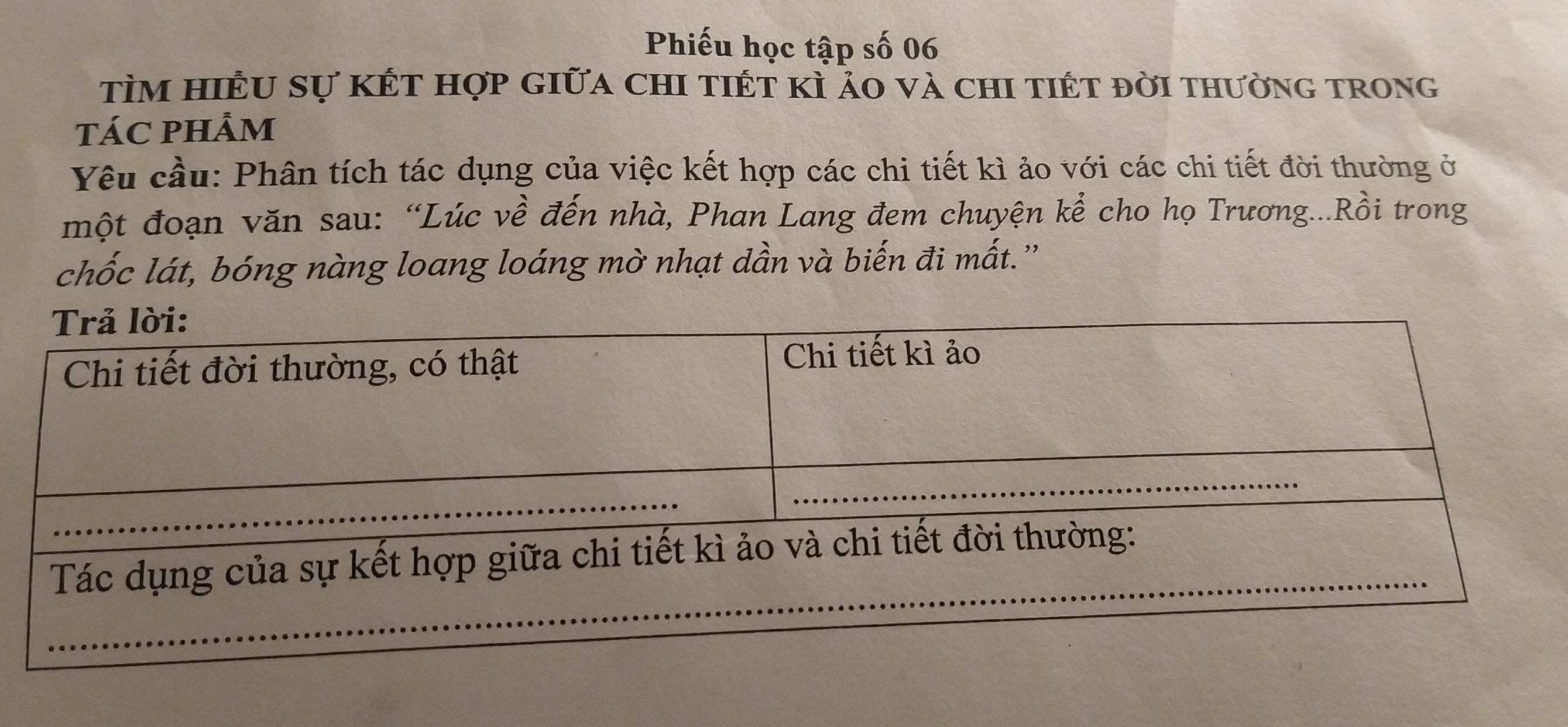 Phiếu học tập số 06
tìm hiÊu sự kết hợp giữa chi tiết kì ảo và chi tiết đời thường trong 
tÁC PhÂm 
Yêu cầu: Phân tích tác dụng của việc kết hợp các chi tiết kì ảo với các chi tiết đời thường ở 
một đoạn văn sau: “Lúc về đến nhà, Phan Lang đem chuyện kể cho họ Trương...Rồi trong 
chốc lát, bóng nàng loang loáng mờ nhạt dần và biến đi mất.”