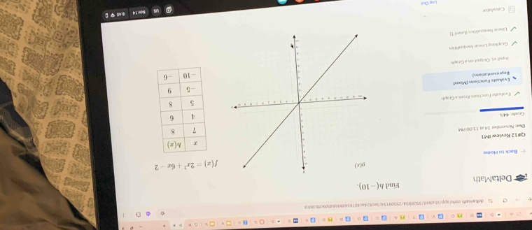 deltamath com/app/student/3508854/25509194/5ec924ac4071
DeltaMath Find h(-10).
f(x)=2x^2+6x-2
Back to Home
Q#12 Review IM1
Due: November 14 at 11:00 PM
Ce ado: 44%
Evaluate Functions Frons a Graph
Representation) Evaluate Functions (Mixed
Input vs. Output on a Graph
Graphing Linear inequalitios
Linear linequalities (Level I)
Calculator
Lng Out