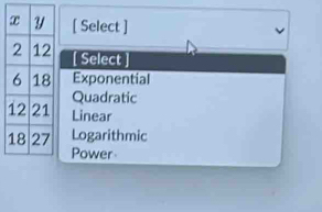 [ Select ]
[ Select ]
Exponential
Quadratic
Linear
Logarithmic
Power