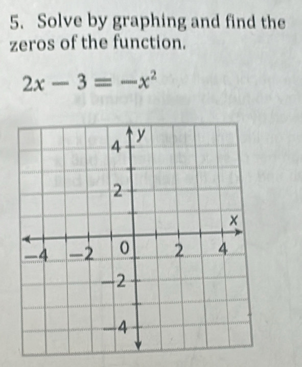 Solve by graphing and find the 
zeros of the function.
2x-3=-x^2