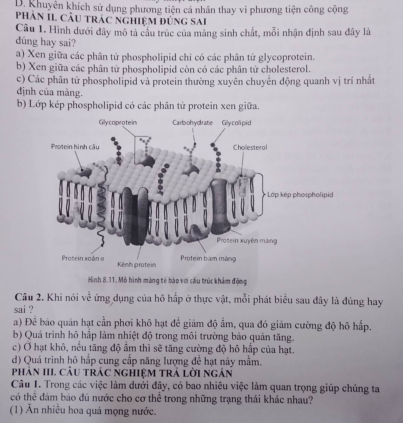 Khuyên khích sử dụng phương tiện cá nhân thay vì phương tiện công cộng
pHÂN II. CÂU tRÁC ngHIệM đúnG sAi
Câu 1. Hình dưới đây mô tả cấu trúc của màng sinh chất, mỗi nhận định sau đây là
dúng hay sai?
a) Xen giữa các phân tử phospholipid chỉ có các phân tử glycoprotein.
b) Xen giữa các phân tử phospholipid còn có các phân tử cholesterol.
c) Các phân tử phospholipid và protein thường xuyên chuyển động quanh vị trí nhất
định của màng.
b) Lớp kép phospholipid có các phân tử protein xen giữa.
Hình 8.11. Mô hình màng tế bào với cấu trúc khảm động
Câu 2. Khi nói về ứng dụng của hô hấp ở thực vật, mỗi phát biểu sau đây là đúng hay
sai ?
a) Để bảo quản hạt cần phơi khô hạt để giảm độ ẩm, qua đó giảm cường độ hô hấp.
b) Quá trình hô hấp làm nhiệt độ trong môi trường bảo quản tăng.
c) Ở hạt khô, nếu tăng độ ẩm thì sẽ tăng cường độ hô hấp của hạt.
d) Quá trình hô hấp cung cấp năng lượng để hạt nảy mầm.
PhảN III. CÂU tRÁC nGHIỆM TRÁ lờI ngẢn
Câu 1. Trong các việc làm dưới đây, có bao nhiêu việc làm quan trọng giúp chúng ta
có thể đám bảo đủ nước cho cơ thể trong những trạng thái khác nhau?
(1) Ăn nhiều hoa quả mọng nước.