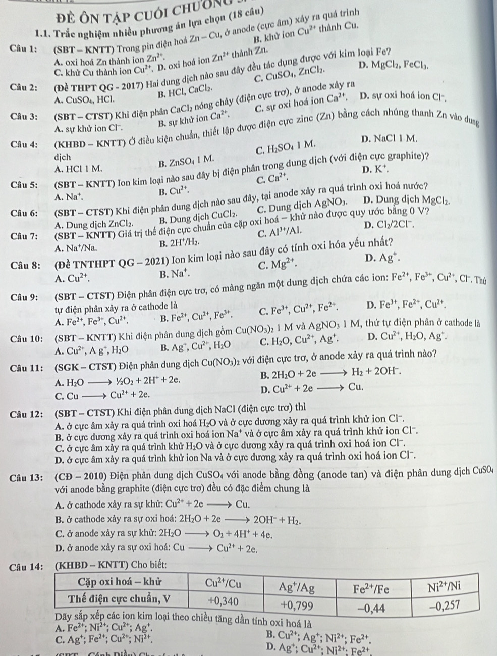 Đề Ôn tập cuới chường
1.1. Trắc nghiệm nhiều phương án lựa chọn (18 câu)
Câu 1: (SBT - KNTT) Trong pin điện hoá Zn-Cu , ở anode (cực âm) xây ra quá trình
B. khử ion Cu^(2+) *thành Cu.
A. oxi hoá Zn thành ion Zn^(2+).
C. khử Cu thành ion Cu^(2+) D. oxi hoá io Zn^(2+) thành Zn. với kim loại Fe?
C. CuSO_4, ZnCl_2. D. MgCl_2,FeCl_3.
Câu 2: (đề tHPT QG - 20) ai dung dịch nào sau đây đều tác dụng
A. CuSO_4, HCl. B. HCl,CaCl_2.
Câu 3:  (SBT - CTST) Khi điện phân 6 CaCl_2 nóng chảy (điện cực trơ), ở anode
ra
B. sự khử ion Ca^(2+). C. sự oxi hoá ion Ca^(2+) D. sự oxi hoá ion Cl-,
A. sự khử ion Cl⁻.
Cầu 4:  (KHBD - KNTT) Ở điều kiện chuẩn, thiết lập được điện cực zinc (Zn) bằng cách nhúng thanh Zn vào dung
D. NaCl 1 M.
C. H_2SO_41M
djch graphite)?
B. ZnSO_41M.
A. HCI1N 4. D. K^+.
Câu 5:  (SBT - KNTT) Ion kim loại nào sau đây bị điện phân trong dung dịch (với điện ở
B. Cu^(2+). C. Ca^(2+).
A. Na* trình oxi hoá nước?
Câu 6: (SBT - CTST) Khi điện phân dung dịch nào sau đây, tại anode xả
A. Dung dịch ZnCl_2. B. Dung dịch CuCl_2. C. Dung dịch AgNO_3.
D. Dung dịch MgCl_2.
Câu 7: (SBT - KNT trị thế điện cực chuẩn của cặp oxi hoá - khử nào được quy ư
C. Al^(3+)/Al. D. Cl_2/2Cl^-,
A. Na⁺/Na.
B. 2H^+/H_2.
Câu 8: (Đề TNTHPT QG-2021) ) Ion kim loại nào sau đây có tính oxi hóa yếu nhất?
D. Ag^+.
C.
A. Cu^(2+).
B. Na^+. Mg^(2+).
Câu 9: (SBT - CTST) Điện phân điện cực trơ, có màng ngăn một dung dịch chứa các ion: Fe^(2+),Fe^(3+),Cu^(2+) , Cl. Thứ
tự điện phân xảy ra ở cathode là
A. Fe^(2+),Fe^(3+),Cu^(2+). B. Fe^(2+),Cu^(2+),Fe^(3+). C. Fe^(3+),Cu^(2+),Fe^(2+). D. Fe^(3+),Fe^(2+),Cu^(2+).
Câu 10: (SBT - KNTT) Khi điện phân dung dịch gồm Cu(NO_3)_21M và AgNO_31M , thứ tự điện phân ở cathode là
A. Cu^(2+),Ag^+,H_2O B. Ag^+,Cu^(2+),H_2O C. H_2O,Cu^(2+),Ag^+. D. Cu^(2+),H_2O,Ag^+.
Câu 11: (SGK - CTST) Điện phân dung dịch Cu(NO_3) 2 với đ · BD n cực trơ, ở anode xảy ra quá trình nào?
A. H_2O _  1/2O_2+2H^++2e.
B. 2H_2O+2eto H_2+2OH^-.
C. C_1 _  → Cu^(2+)+2e.
D. Cu^(2+)+2eto Cu.
Câu 12: (SBT - CTST) Khi điện phân dung dịch NaCl (điện cực trơ) thì
A. ở cực âm xảy ra quá trình oxi hoá 1 H_2O ở và ở cực dương xảy ra quá trình khử ion Cl.
B. ở cực dương xảy ra quá trình oxi hoá ion 1 Na^+ và ở cực âm xảy ra quá trình khử ion Cl.
C. ở cực âm xảy ra quá trình khử H_2O và ở cực dương xảy ra quá trình oxi hoá ion Cl.
D. ở cực âm xảy ra quá trình khử ion Na và ở cực dương xảy ra quá trình oxi hoá ion Cl-.
Câu 13: (CĐ - 2010) Điện phân dung dịch CuSO_4 với anode bằng đồng (anode tan) và điện phân dung dịch CuSOe
với anode bằng graphite (điện cực trơ) đều có đặc điểm chung là
A. ở cathode xảy ra sự khử: Cu^(2+)+2e to Cu.
B. ở cathode xảy ra sự oxi hoá: 2H_2O+2eto 2OH^-+H_2.
C. ở anode xảy ra sự khử: 2H_2Oto O_2+4H^++4e.
D. ở anode xảy ra sự oxi hoá: Cu Cu^(2+)+2e.
CKNTT) Cho biết:
hoá là
A. Fe^(2+);Ni^(2+);Cu^(2+);Ag^+.
B.
C. Ag^+;Fe^(2+);Cu^(2+);Ni^(2+). Cu^(2+);Ag^+;Ni^(2+);Fe^(2+).
D. Ag^+;Cu^(2+);Ni^(2+);Fe^(2+)