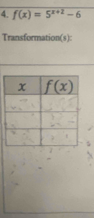 f(x)=5^(x+2)-6
Transformation(s):