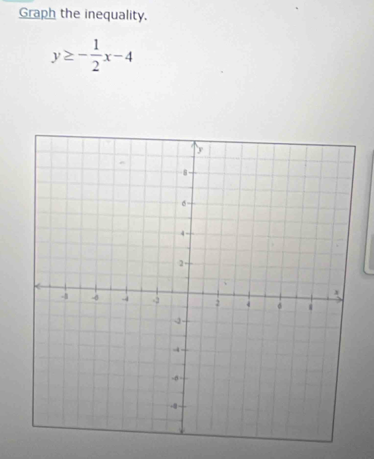 Graph the inequality.
y≥ - 1/2 x-4