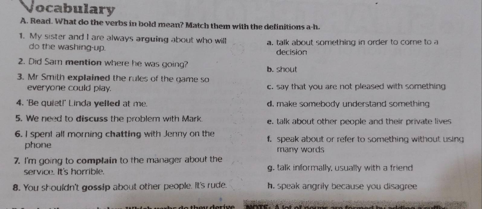 ocabulary
A. Read. What do the verbs in bold mean? Match them with the definitions a-h.
1. My sister and I are always arguing about who will
a. talk about something in order to come to a
do the washing-up.
decision
2. Did Sam mention where he was going?
b. shout
3. Mr Smith explained the rules of the game so
everyone could play. c. say that you are not pleased with something
4. 'Be quiet!' Linda yelled at me. d. make somebody understand something
5. We need to discuss the problem with Mark.
e. talk about other people and their private lives 
6. I spent all morning chatting with Jenny on the
f. speak about or refer to something without using
phone
many words
7. I'm going to complain to the manager about the
service. It's horrible.
g. talk informally, usually with a friend
8. You shouldn't gossip about other people. It's rude. h. speak angrily because you disagree .
MéTE : À lot of nane em formes