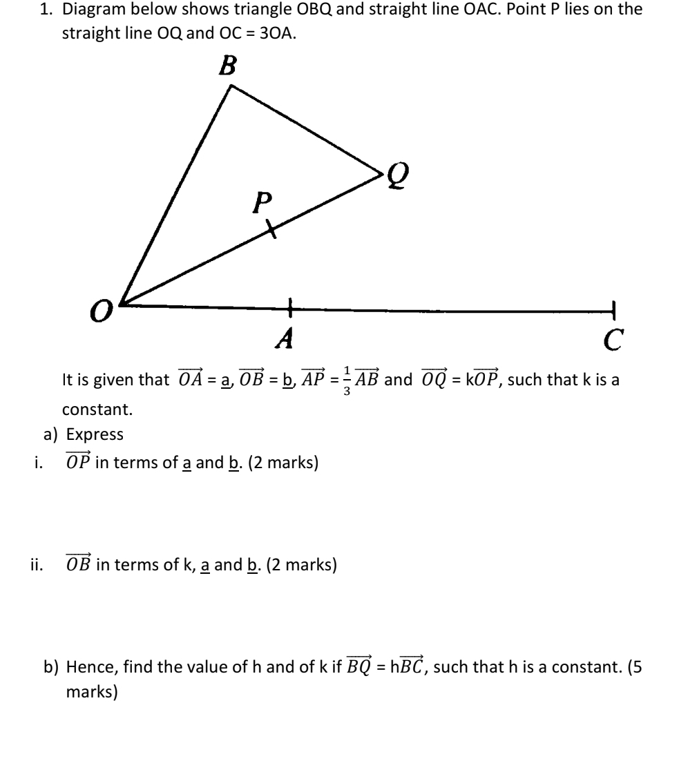 Diagram below shows triangle OBQ and straight line OAC. Point P lies on the 
straight line OQ and OC=3OA. 
It is given that vector OA=_ a, vector OB=_ b, vector AP= 1/3 vector AB and vector OQ=kvector OP , such that k is a 
constant. 
a) Express 
i. vector OP in terms of a and b. (2 marks) 
ii. vector OB in terms of k, a and b. (2 marks) 
b) Hence, find the value of h and of k if vector BQ=hvector BC , such that h is a constant. (5 
marks)