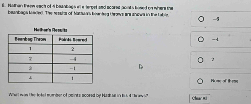 Nathan threw each of 4 beanbags at a target and scored points based on where the
beanbags landed. The results of Nathan's beanbag throws are shown in the table.
-6
-4
2
None of these
What was the total number of points scored by Nathan in his 4 throws?
Clear All