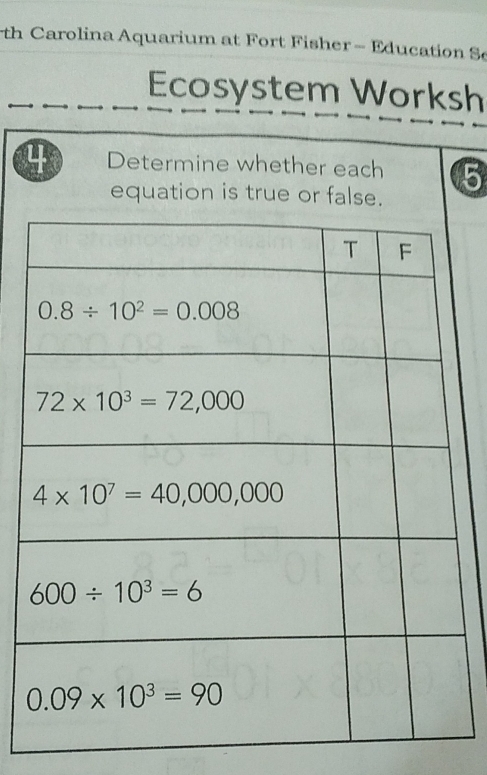 arolina Aquarium at Fort Fisher - Education S
Ecosystem Worksh
4 Determine whether each 5
equation is true or false.