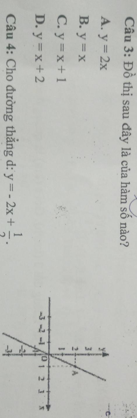 Đồ thị sau đây là của hàm số nào?
A. y=2x
C
B. y=x
C. y=x+1
D. y=x+2
Câu 4: Cho đường thắng d: y=-2x+ 1/2 .