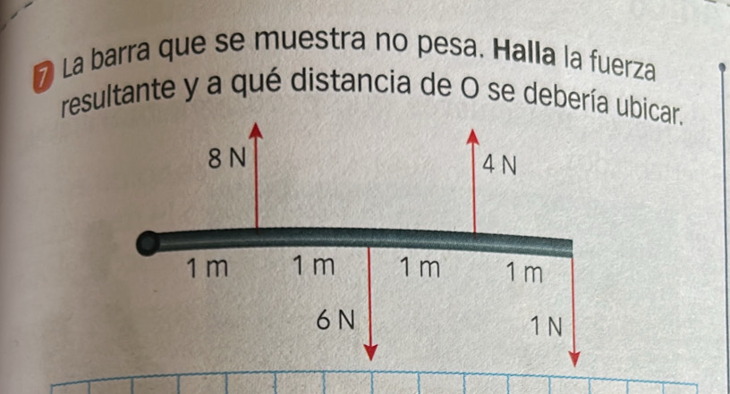 ❼ La barra que se muestra no pesa. Halla la fuerza 
resultante y a qué distancia de O se debería ubicar.