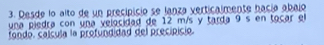 Desde lo alto de un precipicio se lanza verticalmente hacía abajo 
una piedra con una velocidad de 12 m/s y tarda 9 s en tocar el 
fondo. calcula la profundidad del precipicio.