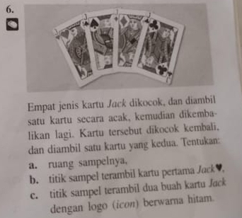 Empat jenis kartu Jack dikocok, dan diambil 
satu kartu secara acak, kemudian dikemba- 
likan lagi. Kartu tersebut dikocok kembali, 
dan diambil satu kartu yang kedua. Tentukan: 
a. ruang sampelnya, 
b. titik sampel terambil kartu pertama Jack 
c. titik sampel terambil dua buah kartu Jack 
dengan logo (icon) berwarna hitam.