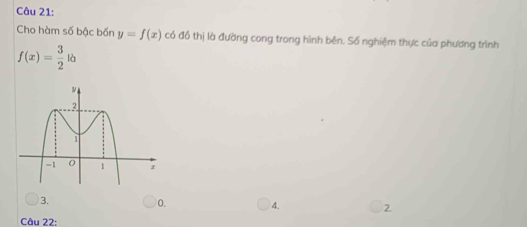 Cho hàm số bậc bốn y=f(x) có đồ thị là đường cong trong hình bên. Số nghiệm thực của phương trình
f(x)= 3/2  là
3.
0.
4.
2.
Câu 22: