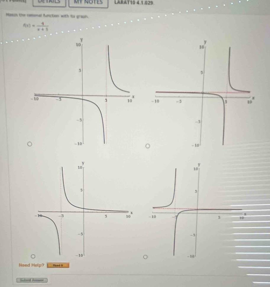 MY NOTES LARAT10 4.1.029. 
Mton the ssonal function with its graph.
f(x)= 4/x+5 

Need Help? Reed it 
Subent Knmes