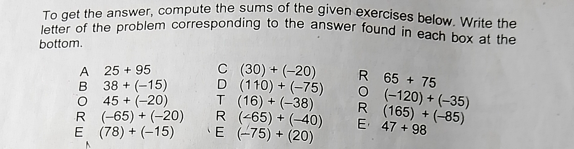 To get the answer, compute the sums of the given exercises below. Write the
letter of the problem corresponding to the answer found in each box at the
bottom.
A 25+95
C (30)+(-20) R 65+75
B 38+(-15) D (110)+(-75) 。 (-120)+(-35)
45+(-20) T (16)+(-38) R (165)+(-85)
R (-65)+(-20) R (∠ 65)+(-40) E 47+98
E (78)+(-15) E (-75)+(20)
A