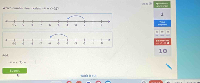 Video D Questions 
Which number line models -4+(-2) ? answered 
1 
elapsed Time 
00 00 36 
)[ 903 EEC 
out of 100 ① SmartScore 
10 
Add.
-4+(-2)=□
Submit 
Work it out