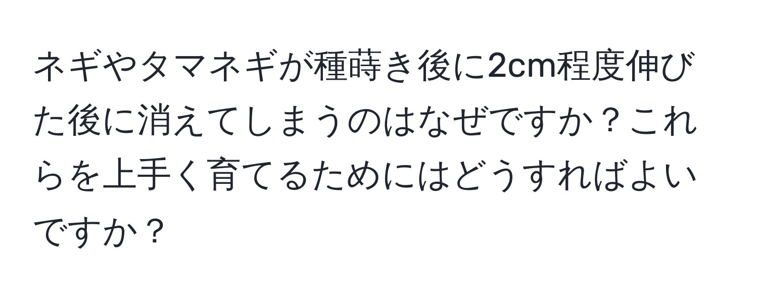 ネギやタマネギが種蒔き後に2cm程度伸びた後に消えてしまうのはなぜですか？これらを上手く育てるためにはどうすればよいですか？