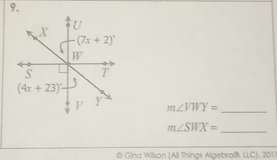 m∠ VWY= _
m∠ SWX= _
@ Gina Wilson (All Things Algebra®, LLC), 2017