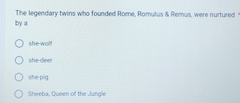 The legendary twins who founded Rome, Romulus & Remus, were nurtured .
by a
she-wolf
she-deer
she-pig
Sheeba, Queen of the Jungle