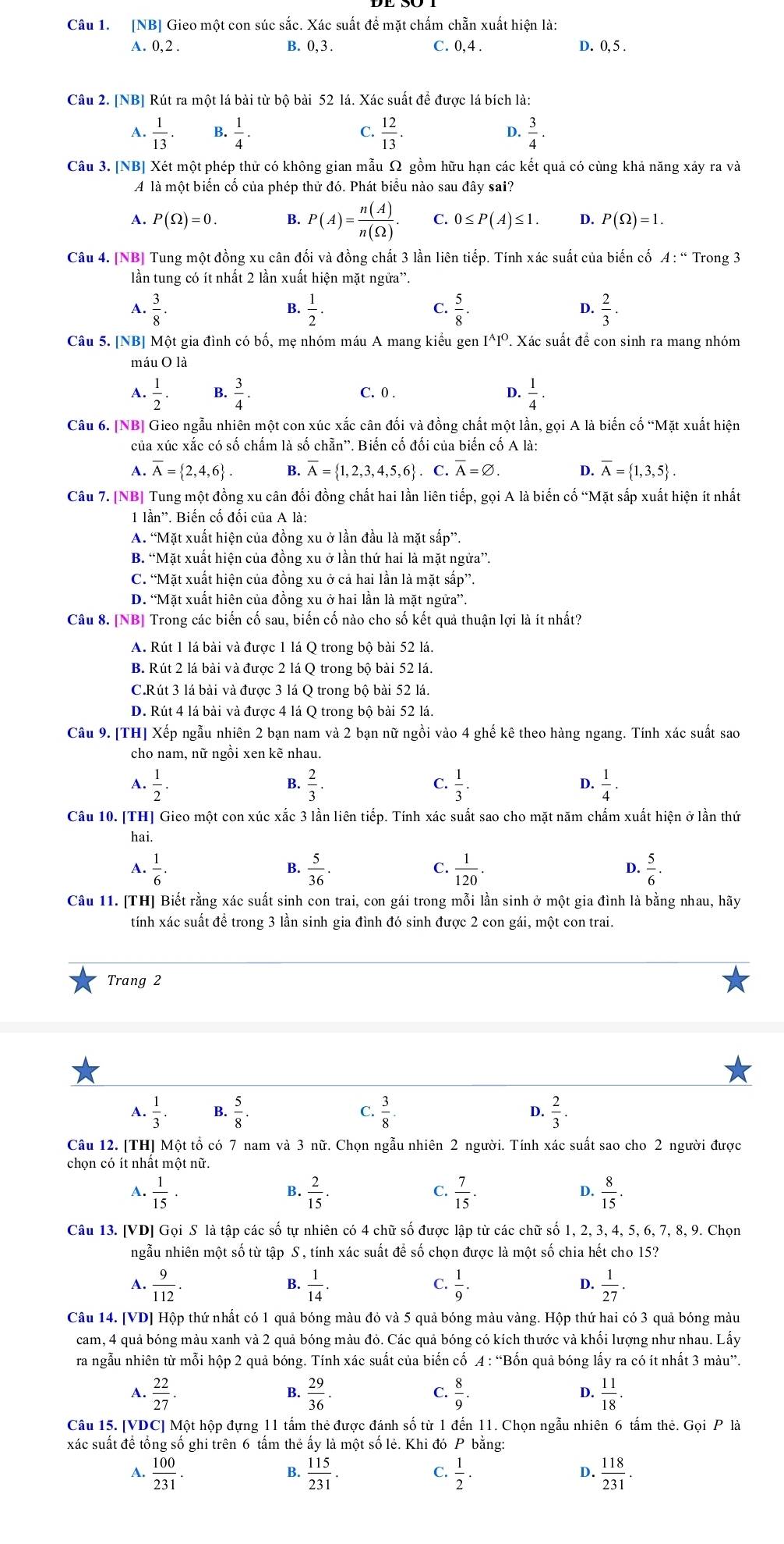 [NB] Gieo một con súc sắc. Xác suất để mặt chấm chẵn xuất hiện là:
A. 0,2 . B. 0, 3 . D. 0, 5 .
C. 0,4 .
Câu 2. [NB] Rút ra một lá bài từ bộ bài 52 lá. Xác suất để được lá bích là:
1  1/13 . B.  1/4 .  12/13 .  3/4 ·
C.
D.
Câu 3. [NB] Xét một phép thử có không gian mẫu Ω gồm hữu hạn các kết quả có cùng khả năng xảy ra và
A là một biến cố của phép thử đó. Phát biểu nào sau đây sai?
A. P(Omega )=0. B. P(A)= n(A)/n(Omega ) . C. 0≤ P(A)≤ 1. D. P(Omega )=1.
Câu 4. [NB] Tung một đồng xu cân đối và đồng chất 3 lần liên tiếp. Tính xác suất của biến cố A:^() Trong 3
lần tung có ít nhất 2 lần xuất hiện mặt ngữa”.
A.  3/8 .  1/2 .  5/8 .  2/3 .
B.
C.
D.
Câu 5. [NB] Một gia đình có bố, mẹ nhóm máu A mang kiểu gen I^AI^C P. Xác suất để con sinh ra mang nhóm
máu O là
A.  1/2 . B.  3/4 . C. 0 . D.  1/4 ·
Câu 6. [NB] Gieo ngẫu nhiên một con xúc xắc cân đối và đồng chất một lần, gọi A là biến cố “Mặt xuất hiện
của xúc xắc có số chấm là số chẵn'. Biến cố đối của biến cố A là:
A. overline A= 2,4,6 . B. overline A= 1,2,3,4,5,6 .C.overline A=varnothing . D. overline A= 1,3,5 .
Câu 7. [NB] Tung một đồng xu cân đối đồng chất hai lần liên tiếp, gọi A là biến cố “Mặt sắp xuất hiện ít nhất
1 1widehat an'' *. Biến cố đối của A là:
A. “Mặt xuất hiện của đồng xu ở lần đầu là mặt sấp”.
B. “Mặt xuất hiện của đồng xu ở lần thứ hai là mặt ngửa”.
C. “Mặt xuất hiện của đồng xu ở cả hai lần là mặt sấp”.
D. “Mặt xuất hiên của đồng xu ở hai lần là mặt ngửa”.
Câu 8. [NB] Trong các biến cố sau, biến cố nào cho số kết quả thuận lợi là ít nhất?
A. Rút 1 lá bài và được 1 lá Q trong bộ bài 52 lá.
B. Rút 2 lá bài và được 2 lá Q trong bộ bài 52 lá.
C.Rút 3 lá bài và được 3 lá Q trong bộ bài 52 lá.
D. Rút 4 lá bài và được 4 lá Q trong bộ bài 52 lá.
Câu 9. [TH] Xếp ngẫu nhiên 2 bạn nam và 2 bạn nữ ngồi vào 4 ghế kê theo hàng ngang. Tính xác suất sao
cho nam, nữ ngồi xen kẽ nhau.
A.  1/2 .  2/3 .  1/3 .  1/4 .
B.
C.
D.
Câu 10. [TH] Gieo một con xúc xắc 3 lần liên tiếp. Tính xác suất sao cho mặt năm chấm xuất hiện ở lần thứ
hai.
A.  1/6 .  5/36 . C.  1/120 . D.  5/6 .
B.
Câu 11. [TH] Biết rằng xác suất sinh con trai, con gái trong mỗi lần sinh ở một gia đình là bằng nhau, hãy
tính xác suất để trong 3 lần sinh gia đình đó sinh được 2 con gái, một con trai.
Trang 2
D.
A.  1/3 . B.  5/8 . C.  3/8 .  2/3 .
Câu 12. [TH] Một tổ có 7 nam và 3 nữ. Chọn ngẫu nhiên 2 người. Tính xác suất sao cho 2 người được
chọn có ít nhất một nữ.
1  1/15 ·
B.  2/15 .  7/15 .  8/15 .
C.
D.
Câu 13. [VD] Gọi S là tập các số tự nhiên có 4 chữ số được lập từ các chữ số 1, 2, 3, 4, 5, 6, 7, 8, 9. Chọn
ngẫu nhiên một số từ tập S , tính xác suất để số chọn được là một số chia hết cho 15?

C.
A.  9/112 .  1/14 .  1/9 .  1/27 .
D.
Câu 14. [VD] Hộp thứ nhất có 1 quả bóng màu đỏ và 5 quả bóng màu vàng. Hộp thứ hai có 3 quả bóng màu
cam, 4 quả bóng màu xanh và 2 quả bóng màu đỏ. Các quả bóng có kích thước và khối lượng như nhau. Lấy
ra ngẫu nhiên từ mỗi hộp 2 quả bóng. Tính xác suất của biến cố A : “Bốn quả bóng lấy ra có ít nhất 3 màu”.
A.  22/27 .  29/36 .  8/9 .  11/18 .
B.
C.
D.
Câu 15. [VDC] Một hộp đựng 11 tấm thẻ được đánh số từ 1 đến 11. Chọn ngẫu nhiên 6 tấm thẻ. Gọi P là
xác suất để tổng số ghi trên 6 tấm thẻ ấy là một số lẻ. Khi đó * băng:
A.  100/231 .  115/231 .  1/2 .  118/231 .
B.
C.
D.