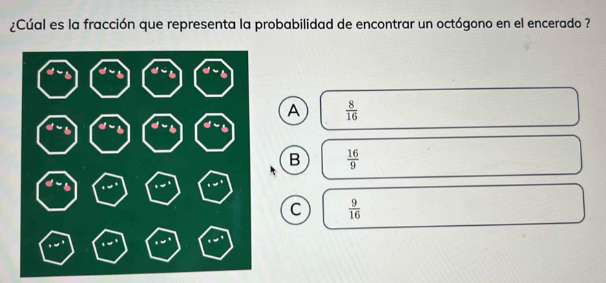 ¿Cúal es la fracción que representa la probabilidad de encontrar un octógono en el encerado ?
A  8/16 
B  16/9 
C  9/16 