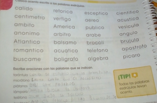 Coloca acento escrito a las palabras esdrújulas. 
calido retorica esceptico cientifico 
centimetro vertigo aereo acustica 
ambito America publico vesicula 
anonimo arbitro arabe angulo 
Atlantico balsamo brocoli brujula 
romantico acuatico telefono apostrofo 
buscame boligrafo algebra picaro 
Escribe oraciones con las palabras que se indican. 
tarántula 
_ 
_ 
micrófono 
_iTIP! 
_Todas las palabras 
plátanos 
_esdrújulas Ilevan 
lámpara _acento. 
teléfono 
_