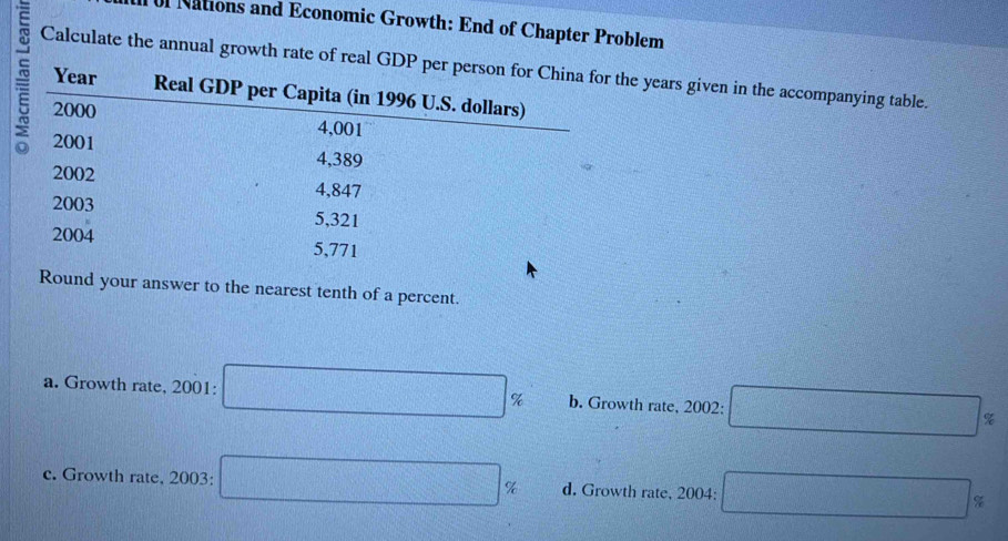 Uf Nations and Economic Growth: End of Chapter Problem
Calculate the annual growth rate of rehe years given in the accompanying table.
Round your answer to the nearest tenth of a percent.
a. Growth rate, 2001: □ % b. Growth rate, 2002: □ %
c. Growth rate, 2003 □ % d. Growth rate, 2004: □ %