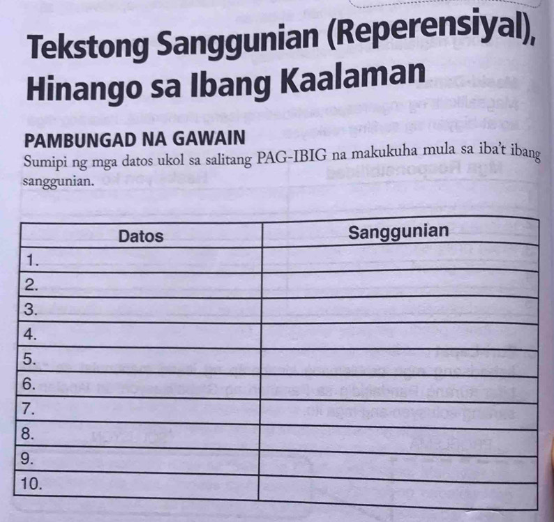 Tekstong Sanggunian (Reperensiyal), 
Hinango sa Ibang Kaalaman 
PAMBUNGAD NA GAWAIN 
Sumipi ng mga datos ukol sa salitang PAG-IBIG na makukuha mula sa iba’t ibang 
sanggunian.