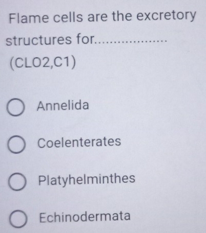 Flame cells are the excretory
structures for_
(CLO2,C1)
Annelida
Coelenterates
Platyhelminthes
Echinodermata