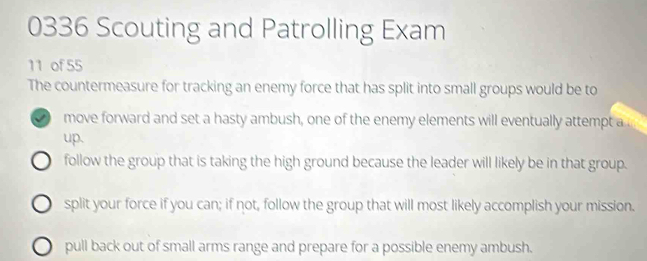 Solved: 0336 Scouting and Patrolling Exam 11 of 55 The countermeasure ...