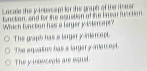 Locate the y -intersept for the graph of the linear
function, and for the equation of the linear function.
Which function has a farger y-intercept?
The graph has a larger y-intercept
The equation has a larger y-intercept.
The y intercepis are equal.