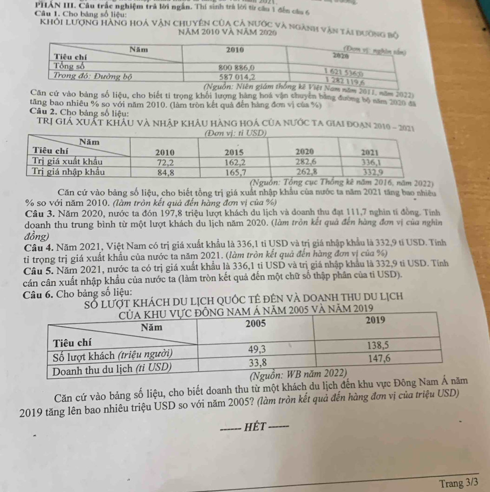 PHẢN III. Câu trấc nghiệm trả lời ngắn. Thí sinh trá lời từ cầu 1 đến cầu 6
Câu 1. Cho bảng số liệu:
Khỏi Lượng HànG hoả Vận chUyên Của Cả nước và ngành vận tải đường bộ
Năm 2010 Và Năm 2026
m 2011, năm 2022)
Căn cử vào bảng số liệu, cho biết ti trọng khối lượng hàng hoá vận chuyên bằng đường bộ năm 2020 đã
tăng bao nhiêu % sọ với năm 2010. (làm tròn kết quả đến hàng đơn vị của %)
Câu 2. Cho bảng số liệu:
TRị GIÁ XUÁT KHÁU VÀ NhậP KHÂU HÀNG HOÁ CủA NƯỚC TA GIAI đOạn 2010 - 202
m 2022)
Căn cứ vào bảng số liệu, cho biết tổng trị giá xuất nhập khẩu của nước ta năm 2021 tăng bao nhiêu
% so với năm 2010. (làm tròn kết quả đến hàng đơn vị của %)
Câu 3. Năm 2020, nước ta đón 197,8 triệu lượt khách du lịch và doanh thu đạt 111,7 nghin tí đồng. Tỉnh
doanh thu trung bình từ một lượt khách du lịch năm 2020. (làm tròn kết quả đến hàng đơn vị của nghìn
đồng)
Câu 4. Năm 2021, Việt Nam có trị giá xuất khẩu là 336,1 tỉ USD và trị giá nhập khẩu là 332,9 tỉ USD. Tính
tỉ trọng trị giá xuất khẩu của nước ta năm 2021. (làm tròn kết quả đến hàng đơn vị của %)
Câu 5. Năm 2021, nước ta có trị giá xuất khẩu là 336,1 tỉ USD và trị giá nhập khẩu là 332,9 tỉ USD. Tính
cán cân xuất nhập khẩu của nước ta (làm tròn kết quả đến một chữ số thập phân của ti USD).
Câu 6. Cho bảng số liệu:
SỞ lưỚt khách dU lịch QUỐc tÊ đÊn và dOạnh thu du lịch
và năm 2019
Căn cứ vào bảng số liệu, cho biết doanh thu từ một khách du lịch đến khu vực Đông Nam Á năm
2019 tăng lên bao nhiêu triệu USD so với năm 2005? (làm tròn kết quả đến hàng đơn vị của triệu USD)
_hÉt_
Trang 3/3