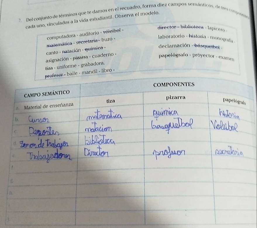 Del conjunto de términos que te damos en el recuadro, forma diez campos semánticos, de tres componentes
cada uno, vinculados a la vida estudiantil. Observa el modelo.
computadora - auditorio - vóleibol -
director - biblioteea - lapicero -
matemática - secretaria- buzo -
laboratorio - historia - monografía
canto - natación - química -
declamación - básquetbol 
asignación - pizarra - cuaderno -
papelógrafo - proyector - examen
tiza - uniforme - grabadora.
dil - libro -