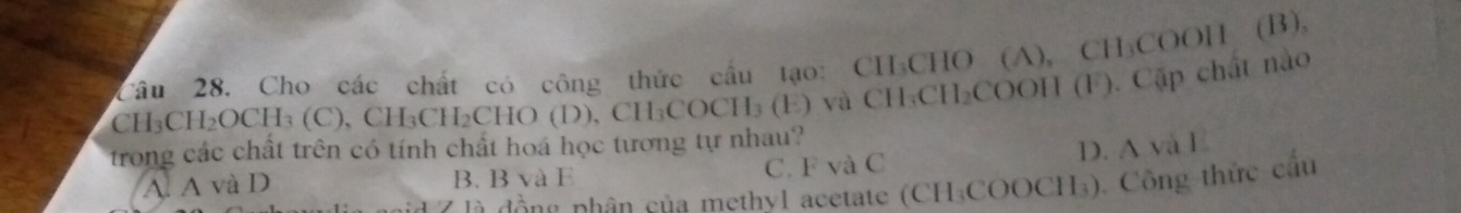 Cầu 28. Cho các chất có công thức cầu tạo: CH₃CHO (A), CH₃COOH (B),
CH₃CH₂OCH₃ (C), CH₃CH₂CHO (D), CH₃COCH₃ (E) và CH₃CH₂COOH (F). Cặp chất nào
trong các chất trên có tính chất hoá học tương tự nhau?
D. A và l
A. A và D B. B và E C. F và C
d g phân của methyl acetate (CH₃COOCH₃). Công thức cầu