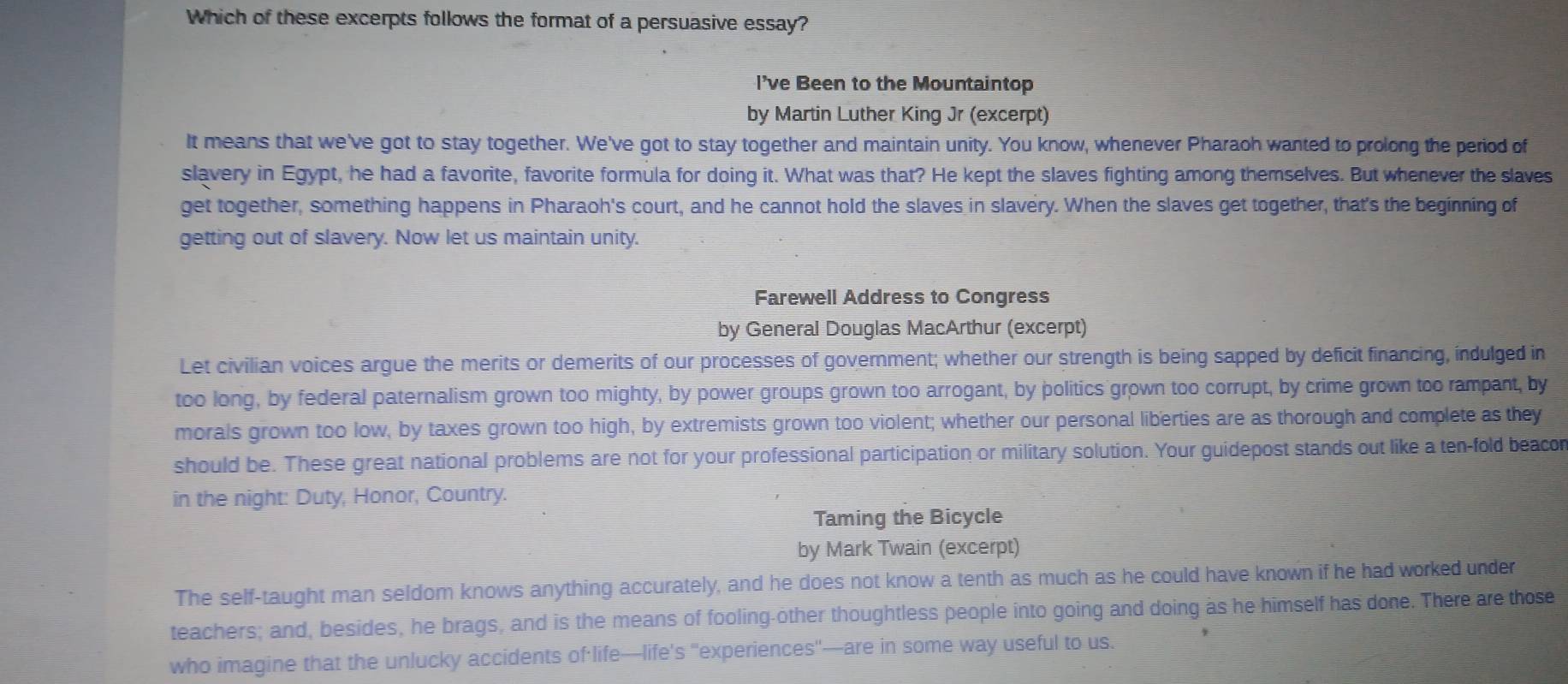 Solved: Which of these excerpts follows the format of a persuasive ...