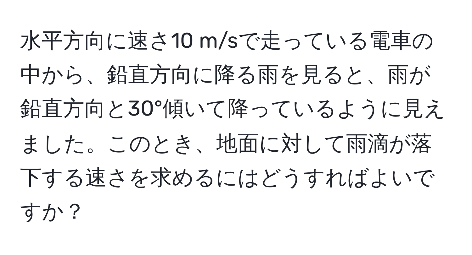 水平方向に速さ10 m/sで走っている電車の中から、鉛直方向に降る雨を見ると、雨が鉛直方向と30°傾いて降っているように見えました。このとき、地面に対して雨滴が落下する速さを求めるにはどうすればよいですか？