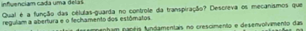 influenciam cada uma delas 
Qual é a função das células-guarda no controle da transpiração? Descreva os mecanismos que 
regulam a abertura e o fechamento dos estômatos 
ampenham papéia fundamentais no crescimento e desenvolvimento das