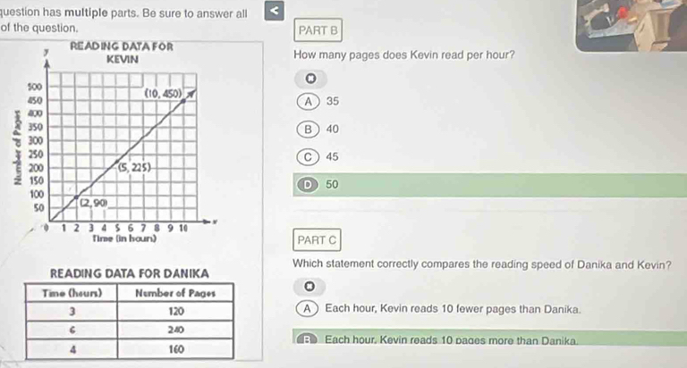 question has multiple parts. Be sure to answer all <
of the question. PART B
How many pages does Kevin read per hour?
 A35
B  40
C 45
D 50
PART C
Which statement correctly compares the reading speed of Danika and Kevin?
。
A) Each hour, Kevin reads 10 fewer pages than Danika.
Each hour, Kevin reads 10 pages more than Danika.