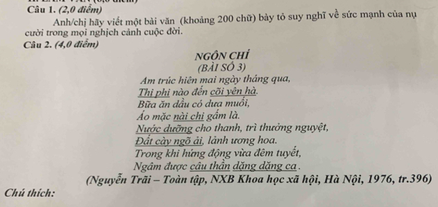 (2,0 điểm) 
Anh/chị hãy viết một bài văn (khoảng 200 chữ) bày tỏ suy nghĩ về sức mạnh của nụ 
cười trong mọi nghịch cảnh cuộc đời. 
Câu 2. (4,0 điểm) 
NGÔN CHÍ 
(BÀI SÓ 3) 
Am trúc hiên mai ngày tháng qua, 
Thị phi nào đến cõi yên hà. 
Bữa ăn dầu có dưa muổi, 
Áo mặc nài chi gẩm là. 
Nước dưỡng cho thanh, trì thưởng nguyệt, 
Đất cày ngõ ải, lảnh ương hoa. 
Trong khi hứng động vừa đêm tuyết, 
Ngâm được câu thần dặng dặng ca . 
(Nguyễn Trãi - Toàn tập, NXB Khoa học xã hội, Hà Nội, 1976, tr.396) 
Chú thích: