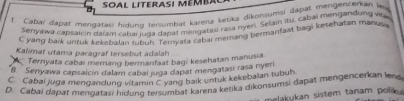 SOAL LITERASI MεMBA
1. Cabai dapat mengatasi hidung tersumbat karena ketika dikonsumsi dapat mengencerkan le
Senyawa capsaicin dalam cabai juga dapat mengatasi rasa nyeri. Selain itu, cabai mengandung via
C yang baik untuk kekebalan tubuh. Ternyata cabai memang bermanfaat bagi kesehatan manusu
Kalimat utama paragraf tersebut adalah
* Ternyata cabai memang bermanfaat bagi kesehatan manusia
B Senyawa capsaicin dalam cabai juga dapat mengatasi rasa nyeri
C. Cabai juga mengandung vitamin C yang baik untuk kekebalan tubuh.
D. Cabai dapat mengatasi hidung tersumbat karena ketika dikonsumsi dapat mengencerkan len
melakukan sistem tanam polik