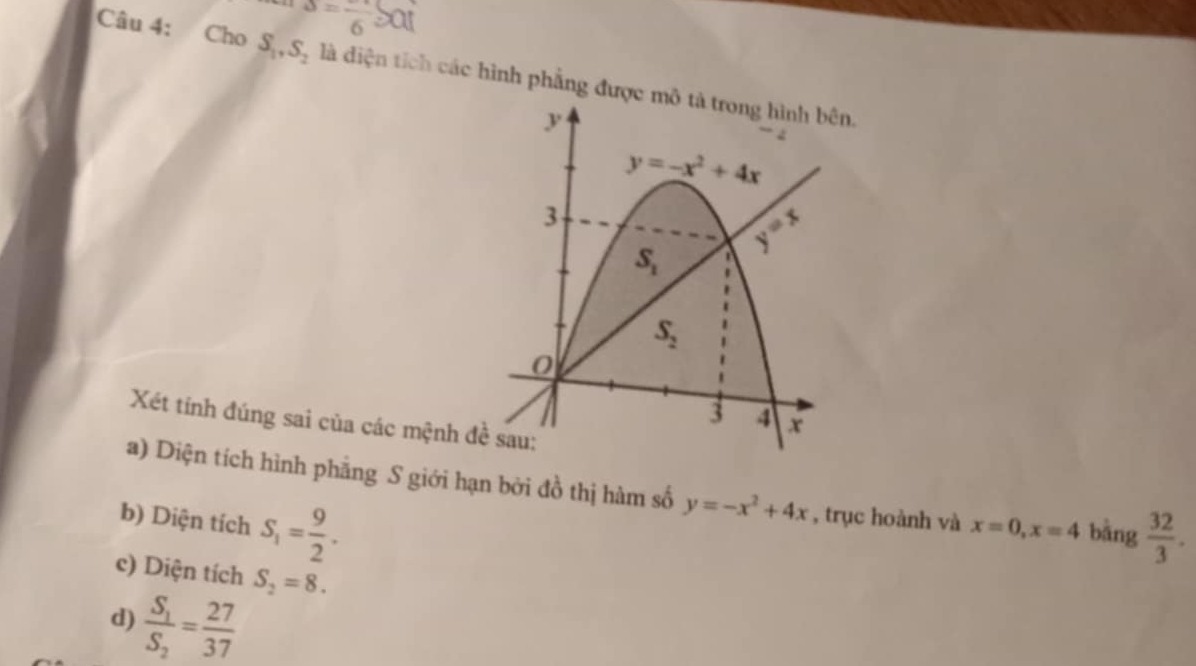 3=frac 6=at
Câu 4: Cho S_1,S_2 là diện tích các hình phẳng đượ
Xét tính đúng sai của các mệnh
a) Diện tích hình phẳng S giới hạn bởi đồ thị hàm số y=-x^2+4x
b) Diện tích S_1= 9/2 . , trục hoành và x=0,x=4 bàng  32/3 .
c) Diện tích S_2=8.
d) frac S_1S_2= 27/37 