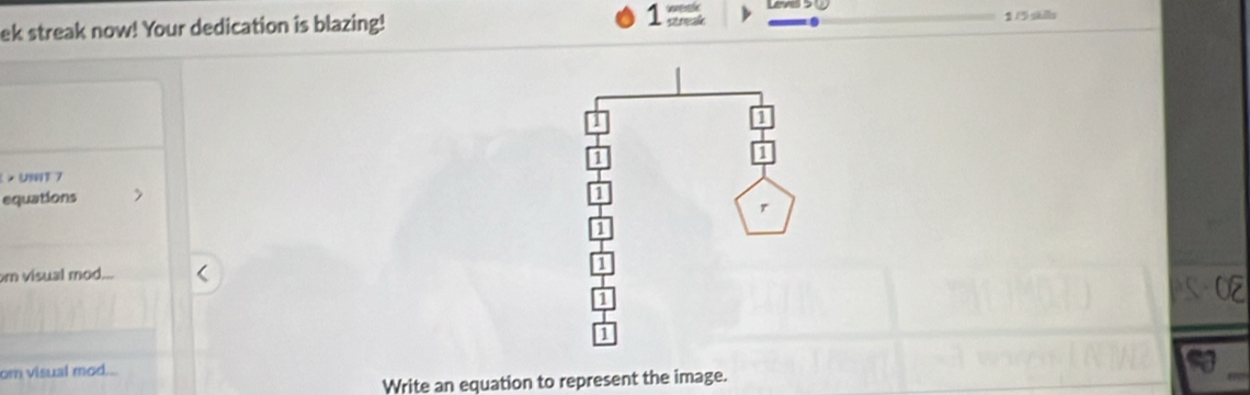 ek streak now! Your dedication is blazing! 1 and 1 shils 
× UNIT 7 
equations 
m visual mod... 
om visual mod... 
Write an equation to represent the image.